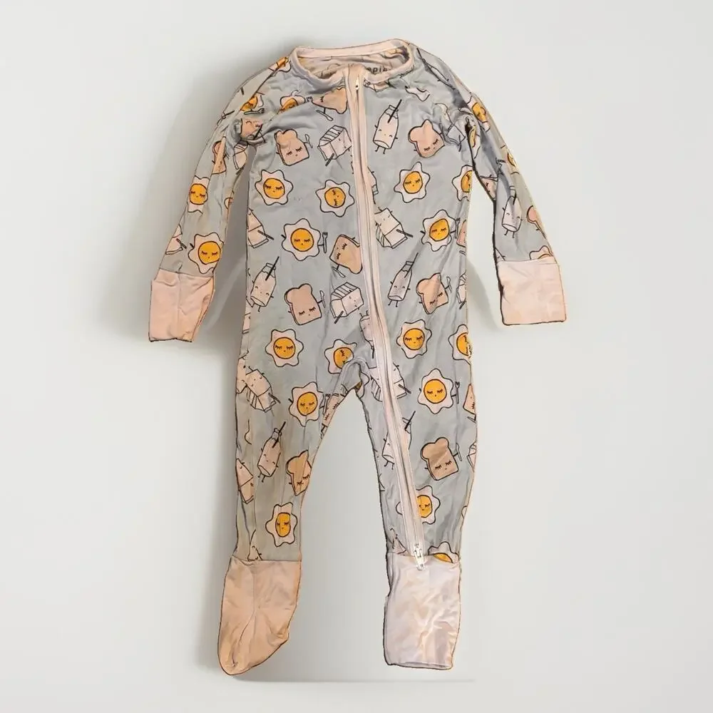 Little Sleepies Breakfast Bamboo Zippy Pajamas 3-6 Months Eggs Toast Milk Blue